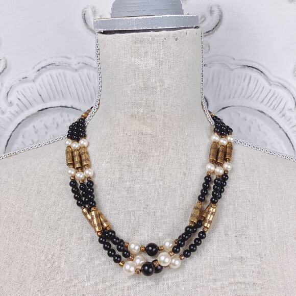 VTG 1950s Multi-Strand Glass Black Bead, Faux Pearl 21" Necklace Gold-Tone Clasp - Picture 2 of 8